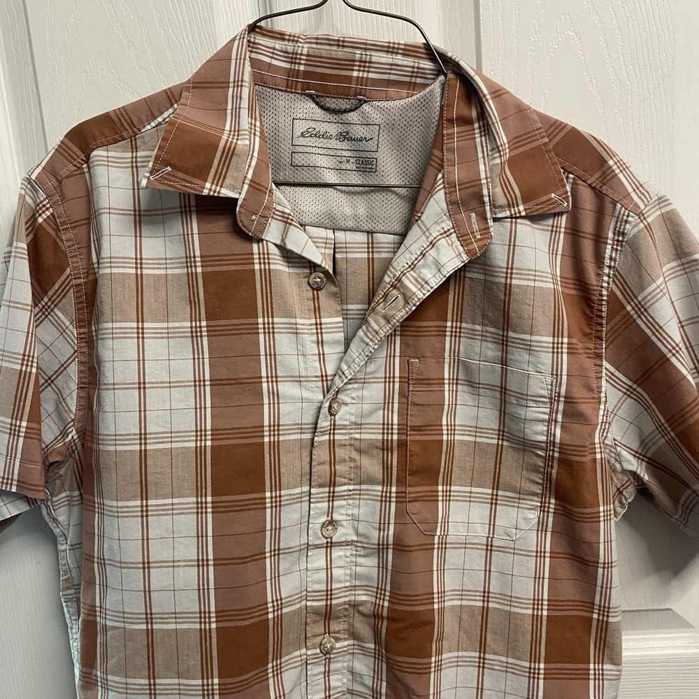 Eddie Bauer Men's Classic Brown&White Plaid Button‎ Up Shirt Lightweight Sz. M